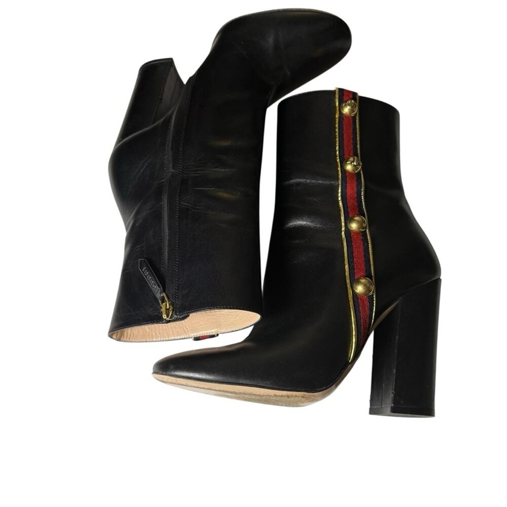 Gucci Malaga Kid Web Carly Leather Mid Calf Boots Gold Stud Side  EU 39/US 9 - Picture 8 of 15